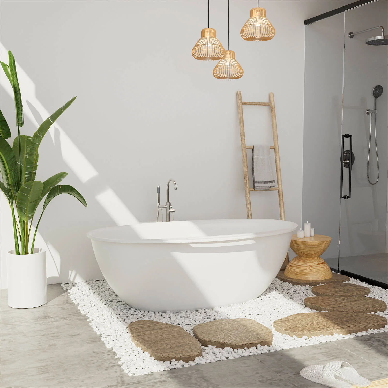 63" Solid Surface Stone Resin Tub Freestanding Soaking Bathtub with Towel Rack Shelf - Image 5