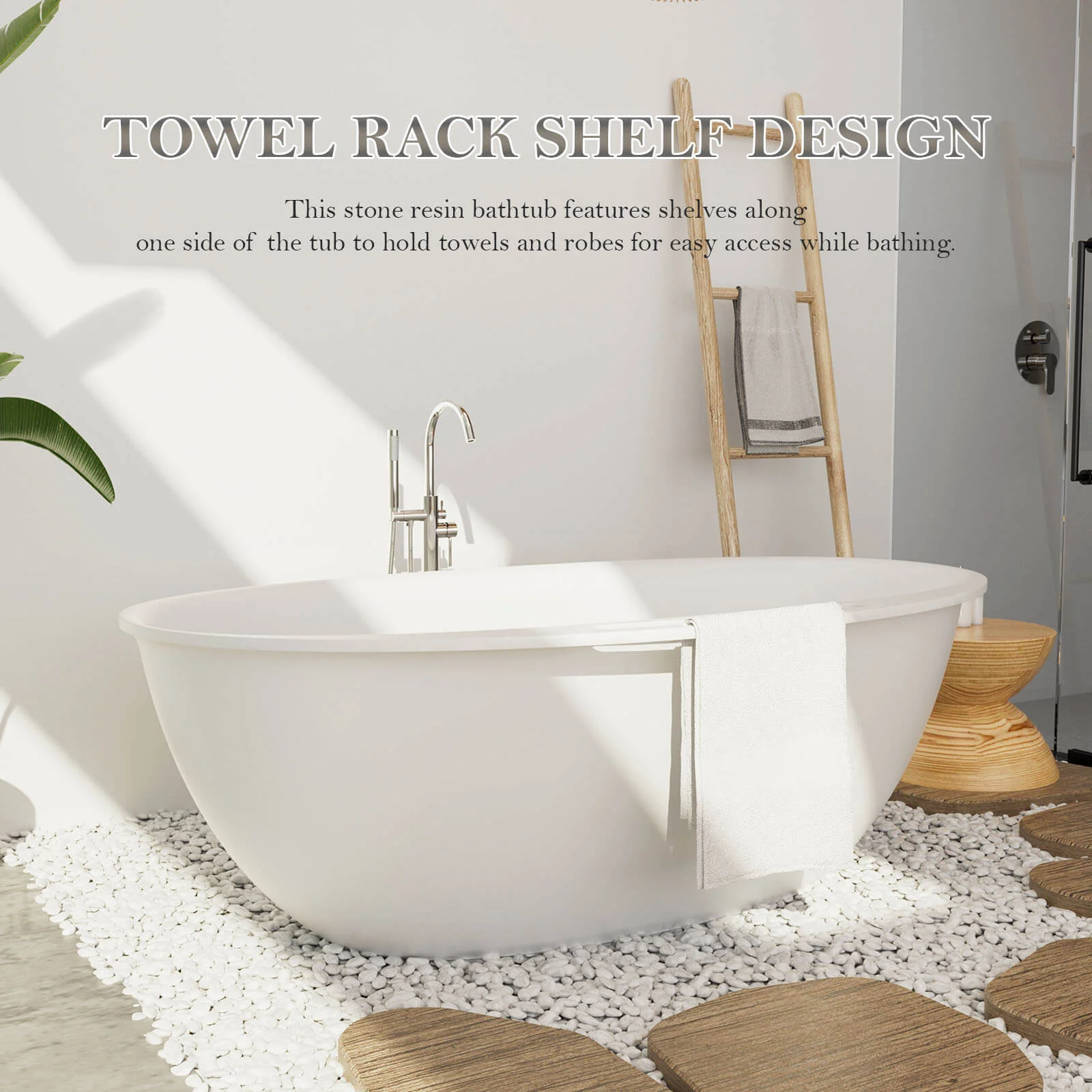63" Solid Surface Stone Resin Tub Freestanding Soaking Bathtub with Towel Rack Shelf - Image 6