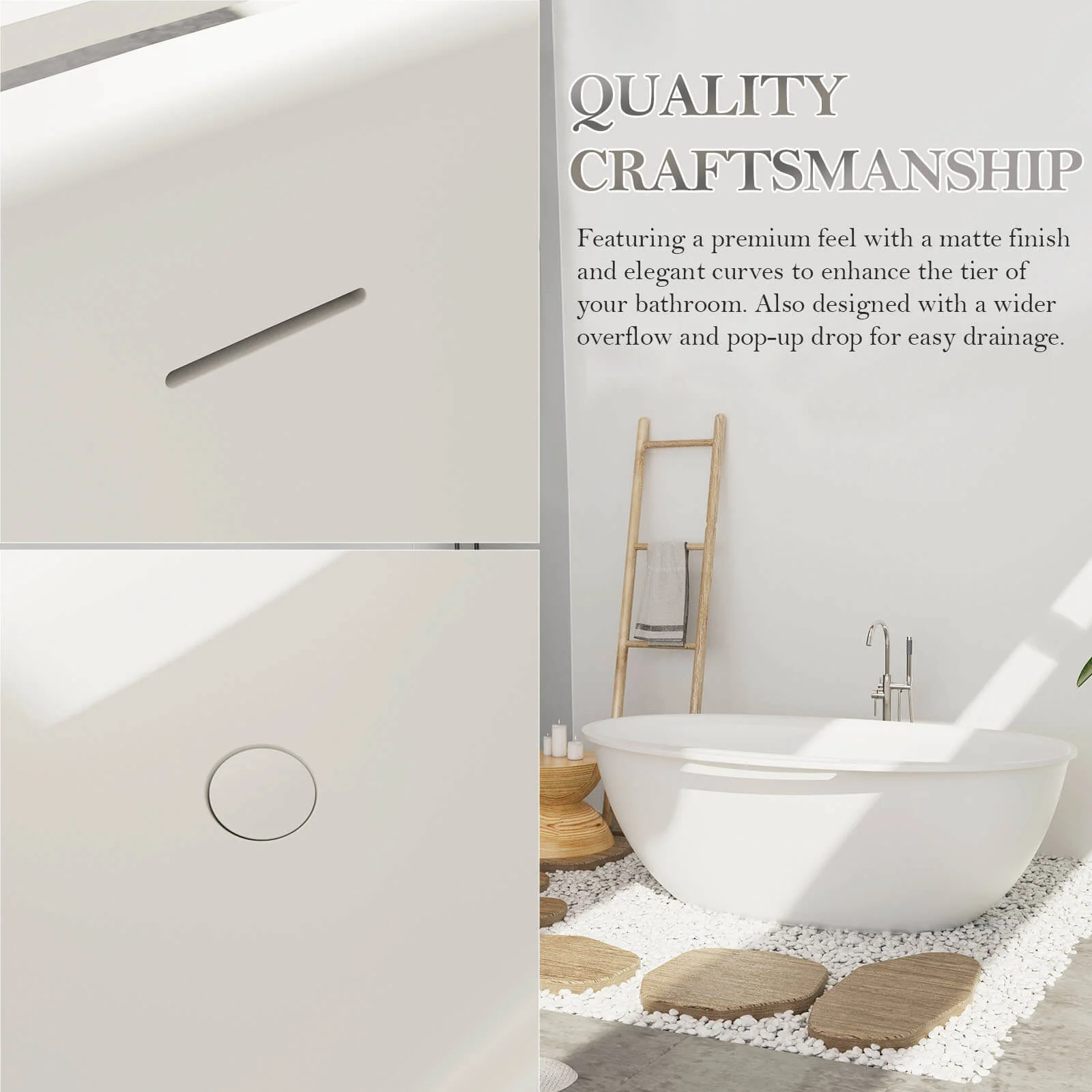 63" Solid Surface Stone Resin Tub Freestanding Soaking Bathtub with Towel Rack Shelf - Image 7