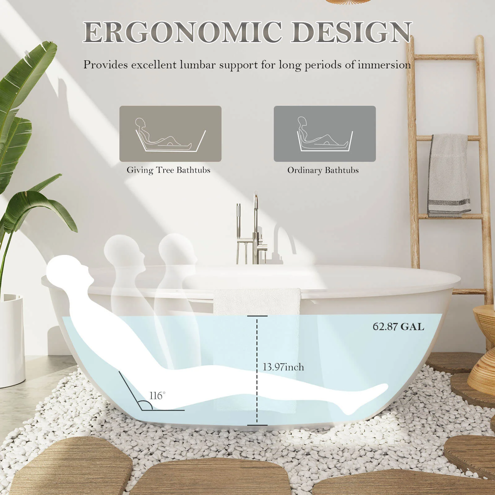 63" Solid Surface Stone Resin Tub Freestanding Soaking Bathtub with Towel Rack Shelf - Image 8