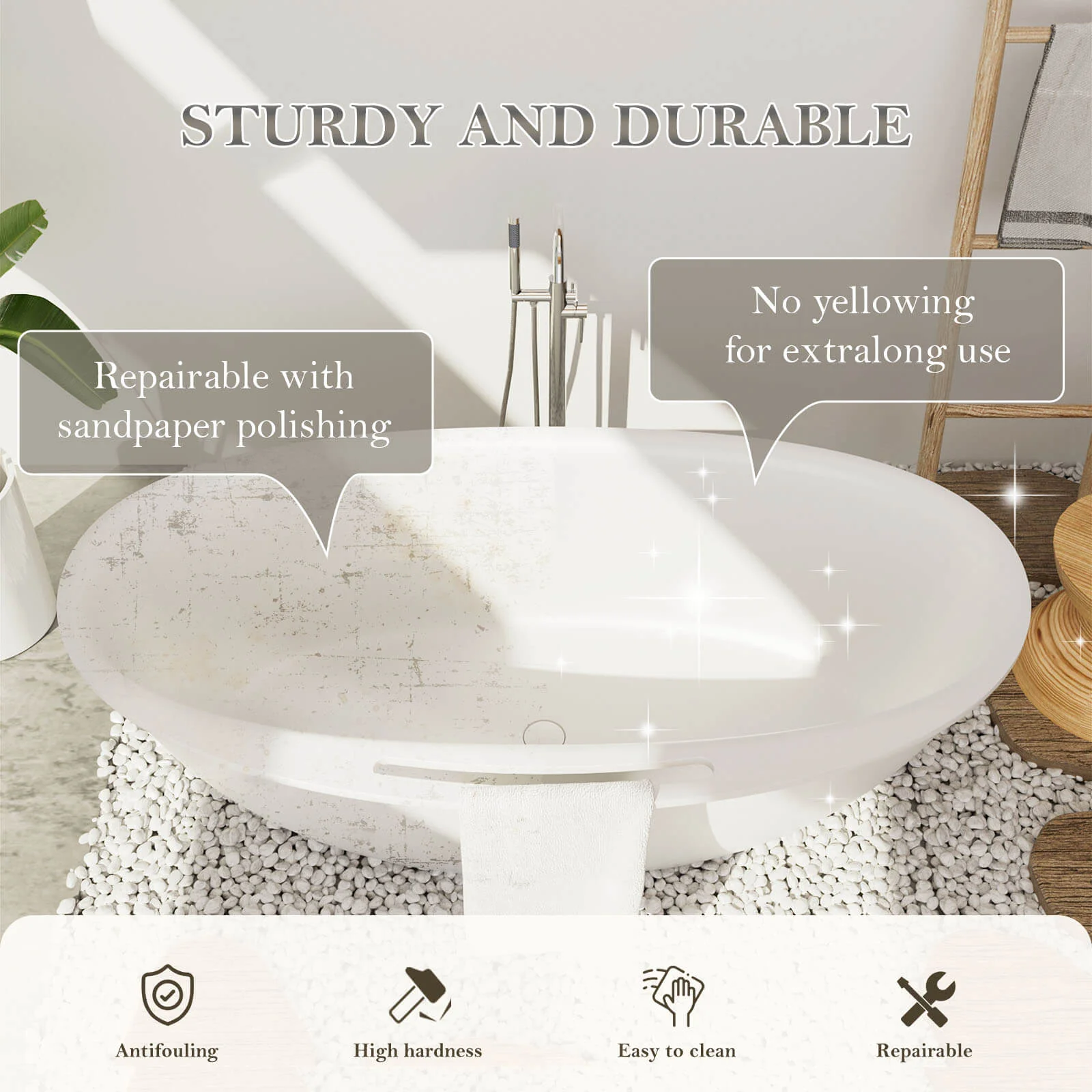 63" Solid Surface Stone Resin Tub Freestanding Soaking Bathtub with Towel Rack Shelf - Image 9