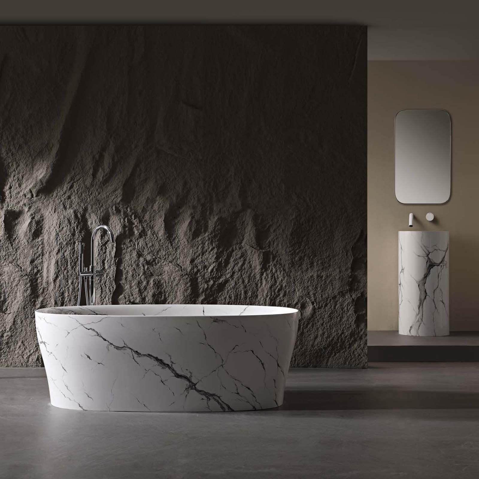 63" Marble Vein Solid Surface Tub with Ergonomic Backrest - Image 3