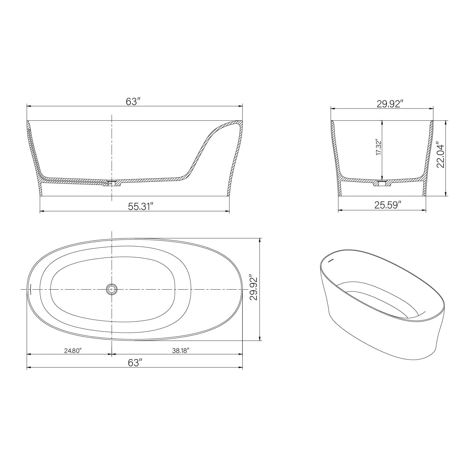 63" Marble Vein Solid Surface Tub with Ergonomic Backrest - Image 7