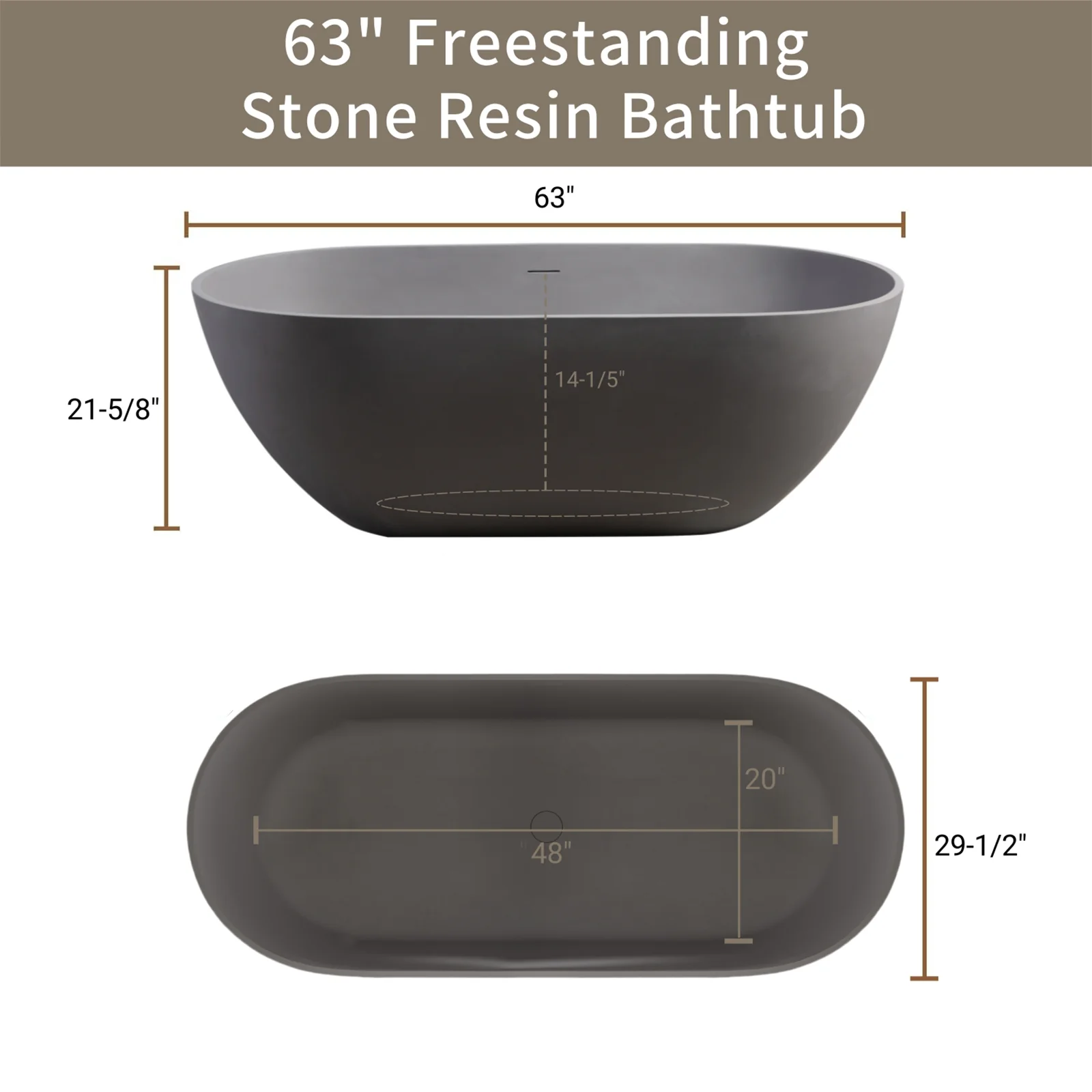 63" Smooth Design Matte Gray Engineered Stone Bathtub - Image 11