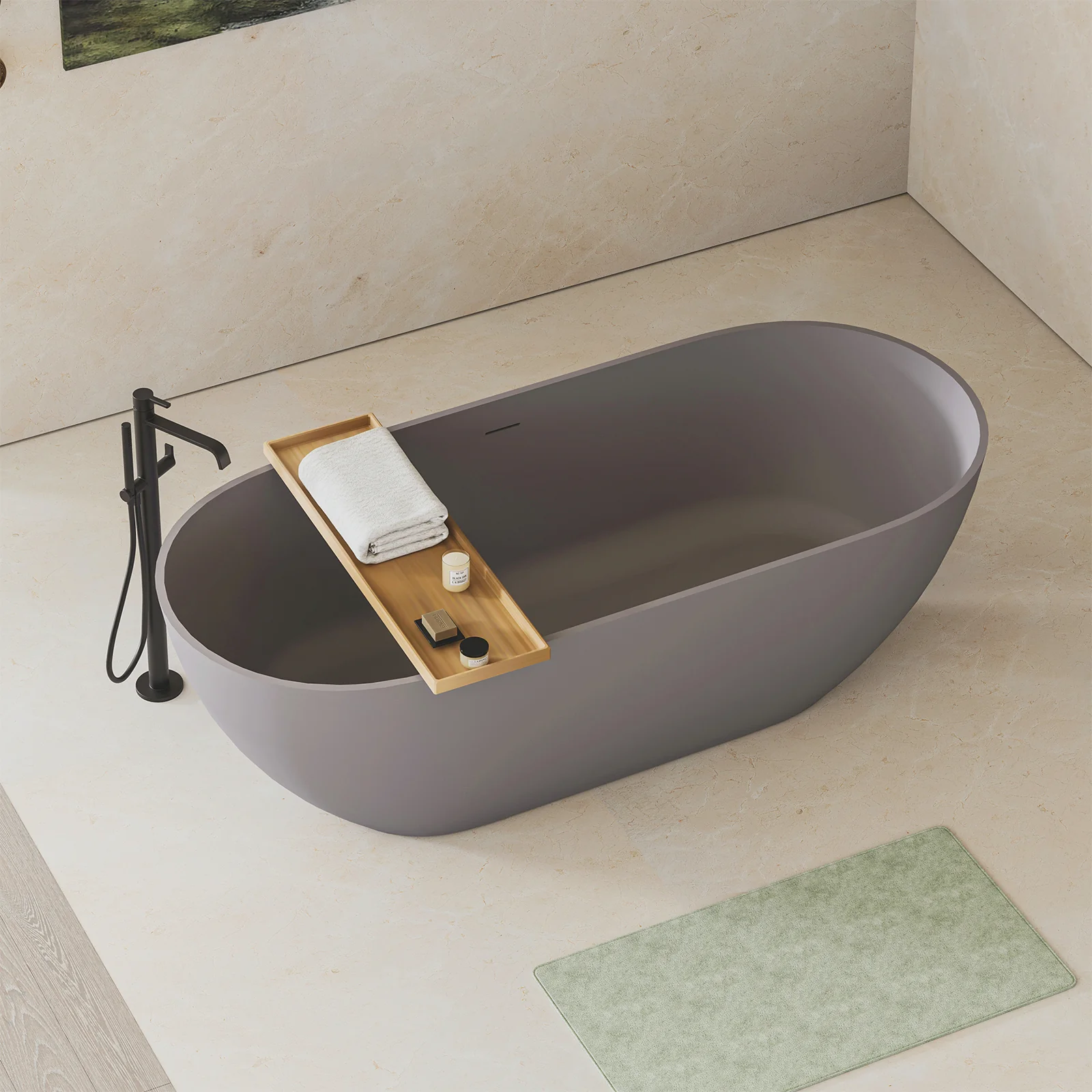 63" Smooth Design Matte Gray Engineered Stone Bathtub - Image 4