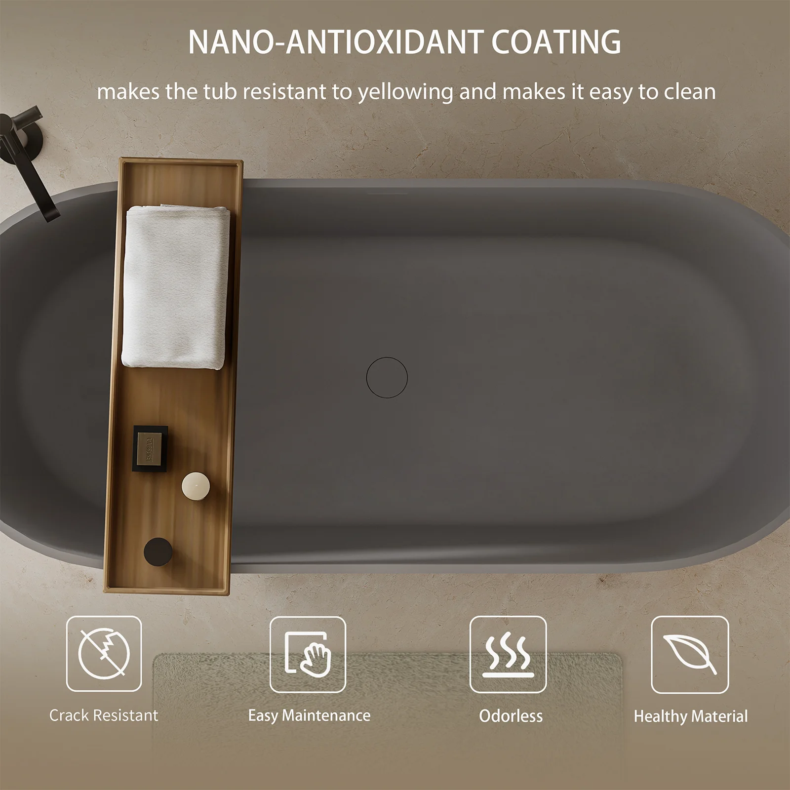 63" Smooth Design Matte Gray Engineered Stone Bathtub - Image 6