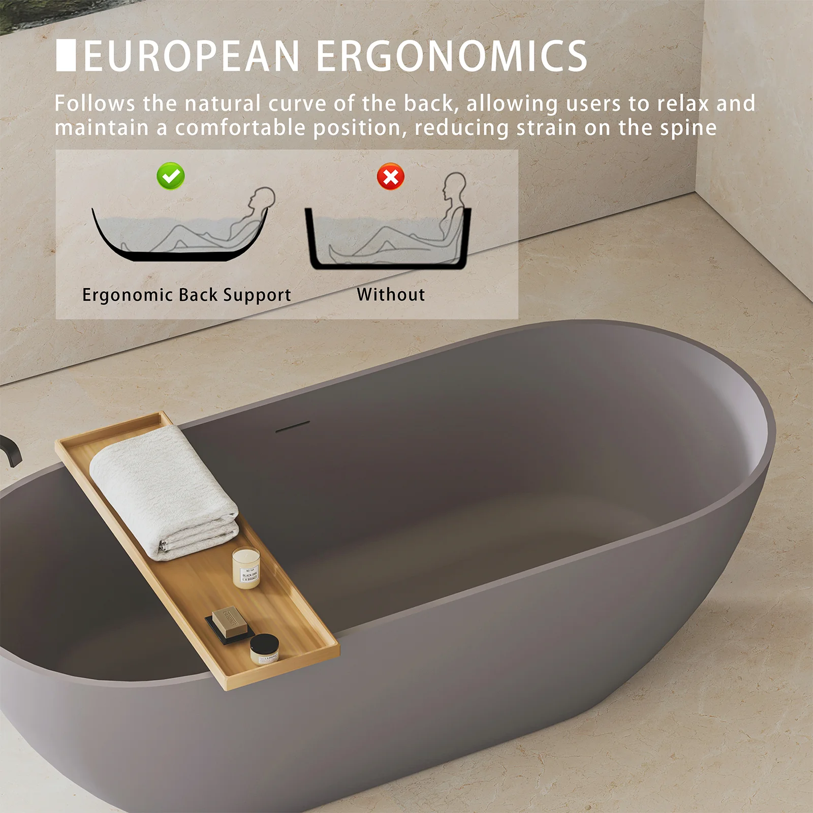 63" Smooth Design Matte Gray Engineered Stone Bathtub - Image 7