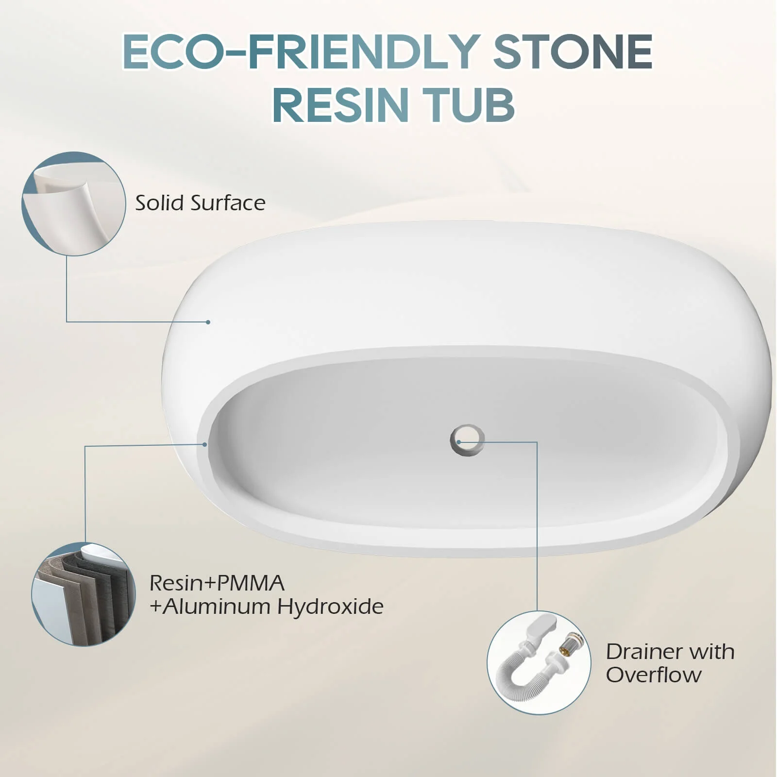 63" Stone Resin Double Slipper Tub Center Drain Freestanding Soaking Bathtub - Image 10