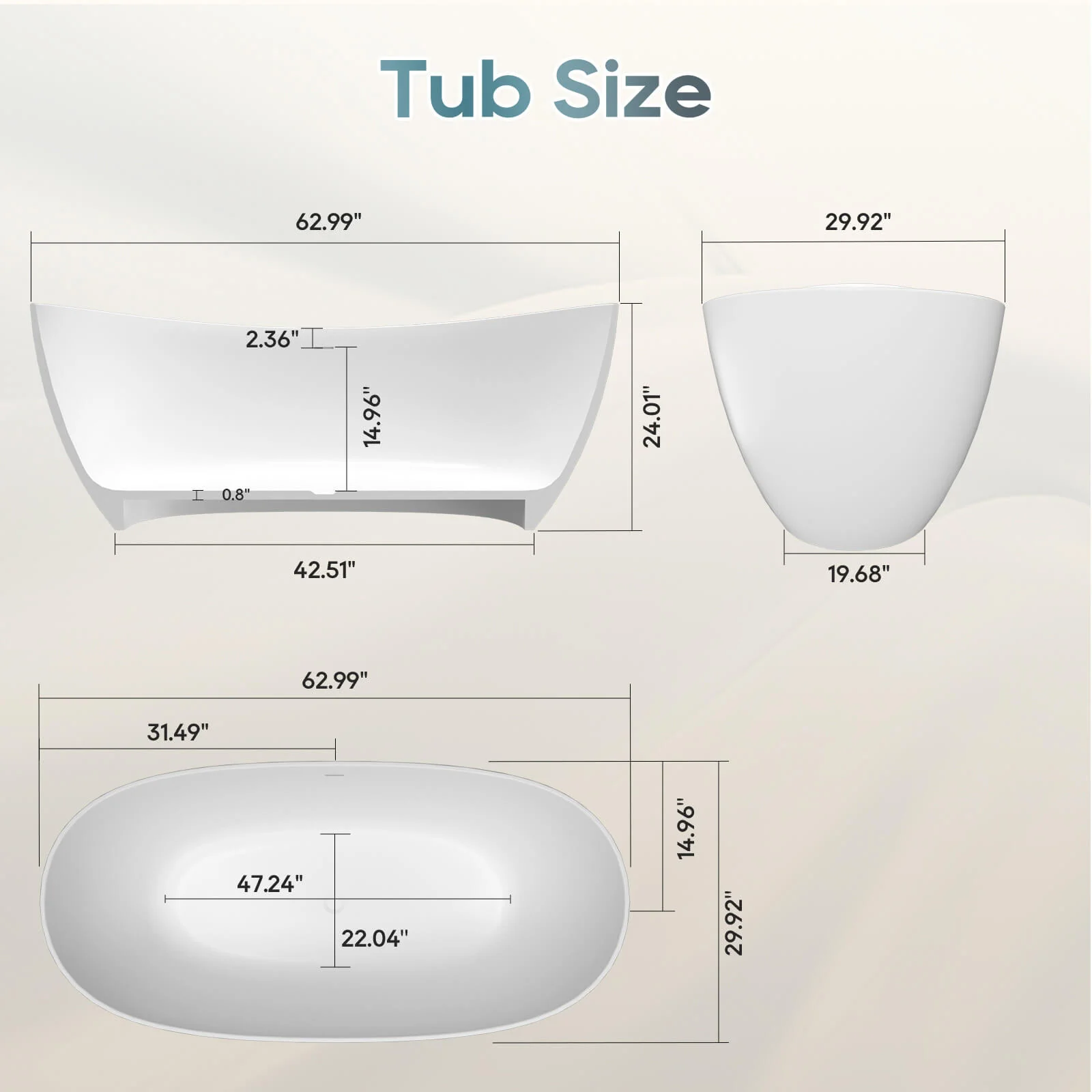 63" Stone Resin Double Slipper Tub Center Drain Freestanding Soaking Bathtub - Image 12