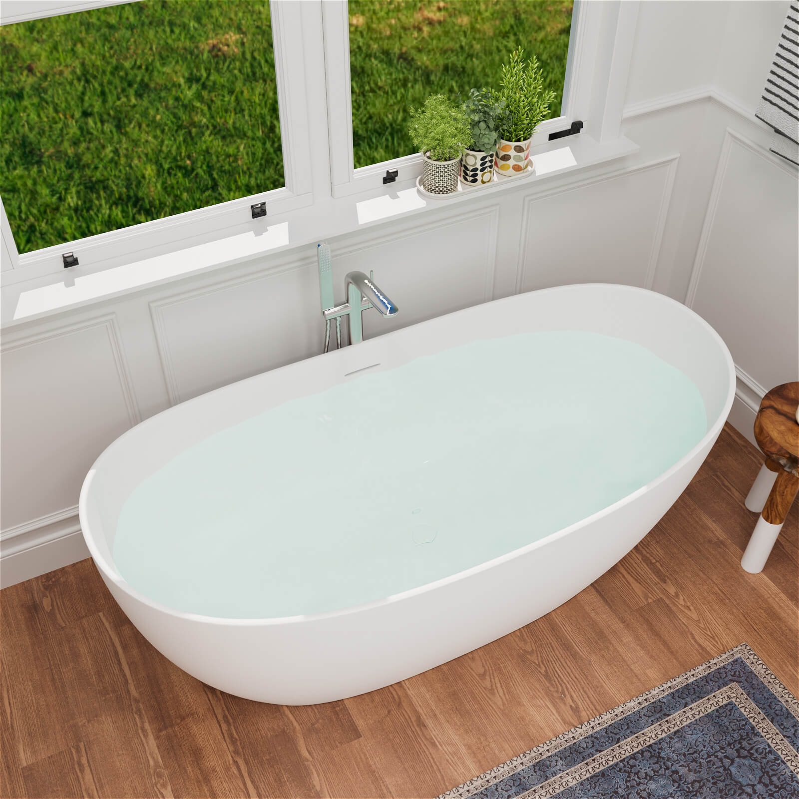 63" Stone Resin Double Slipper Tub Center Drain Freestanding Soaking Bathtub - Image 4