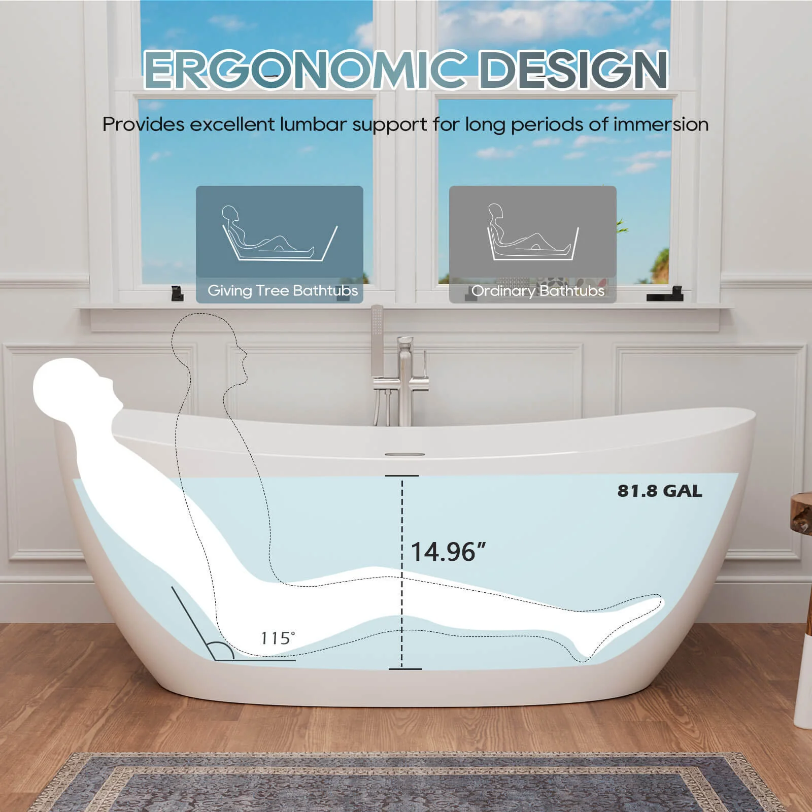 63" Stone Resin Double Slipper Tub Center Drain Freestanding Soaking Bathtub - Image 6