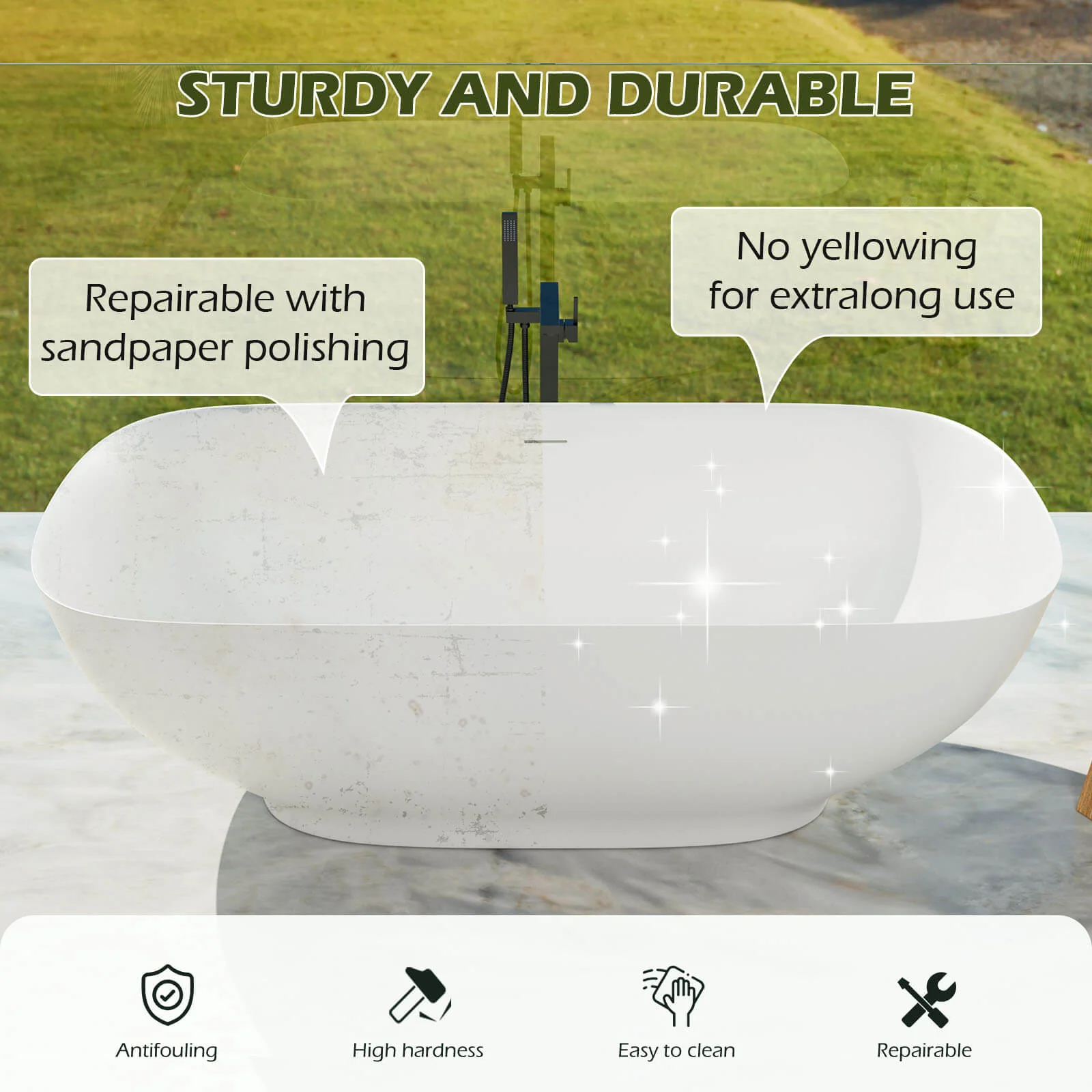 63'' Modern Freestanding Soaking Tub Solid Surface Stone Resin Bathtub Rounded Rectangle - Image 10