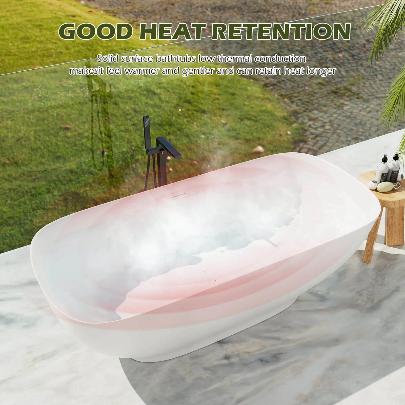 63'' Modern Freestanding Soaking Tub Solid Surface Stone Resin Bathtub Rounded Rectangle - Image 11