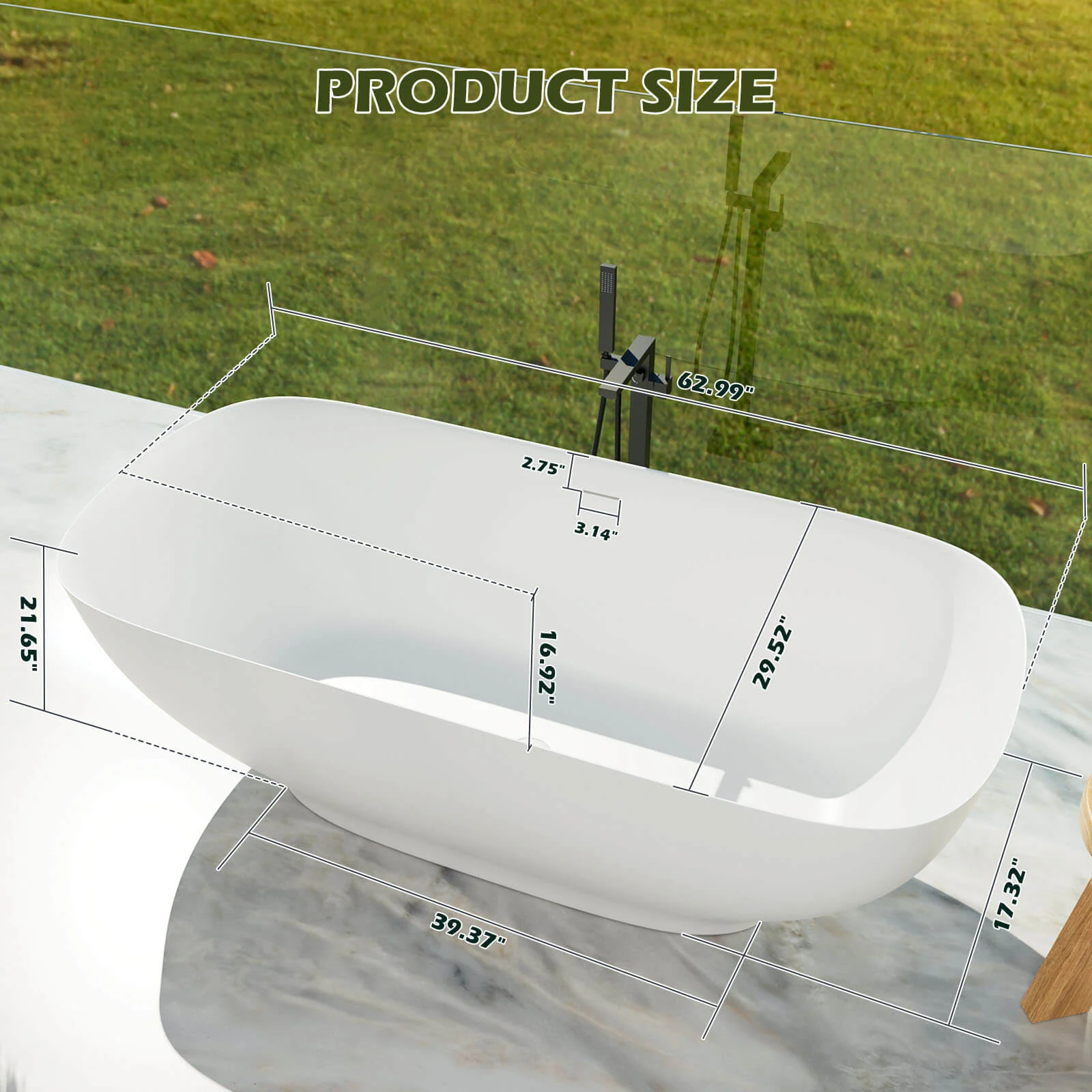 63'' Modern Freestanding Soaking Tub Solid Surface Stone Resin Bathtub Rounded Rectangle - Image 12