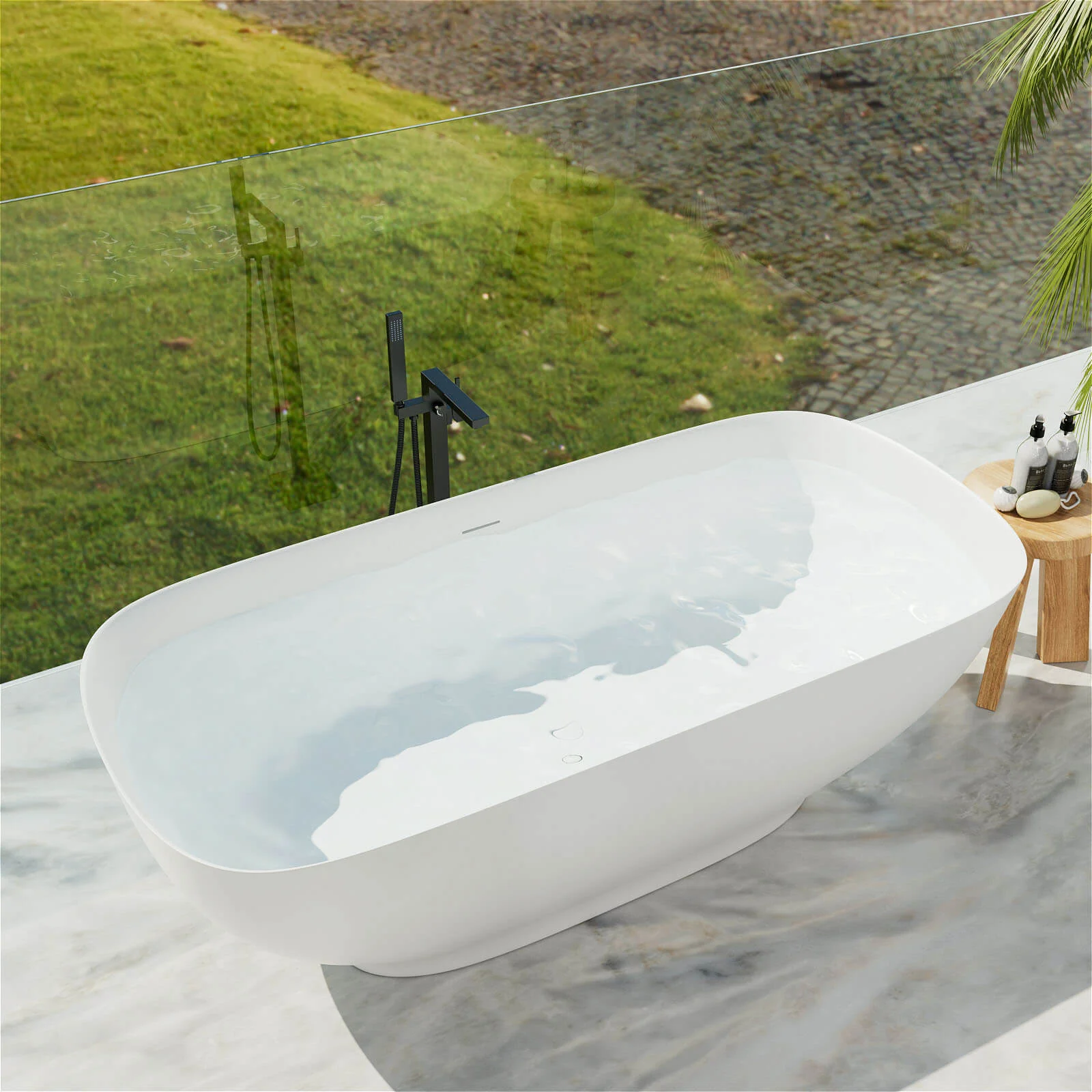 63'' Modern Freestanding Soaking Tub Solid Surface Stone Resin Bathtub Rounded Rectangle - Image 3