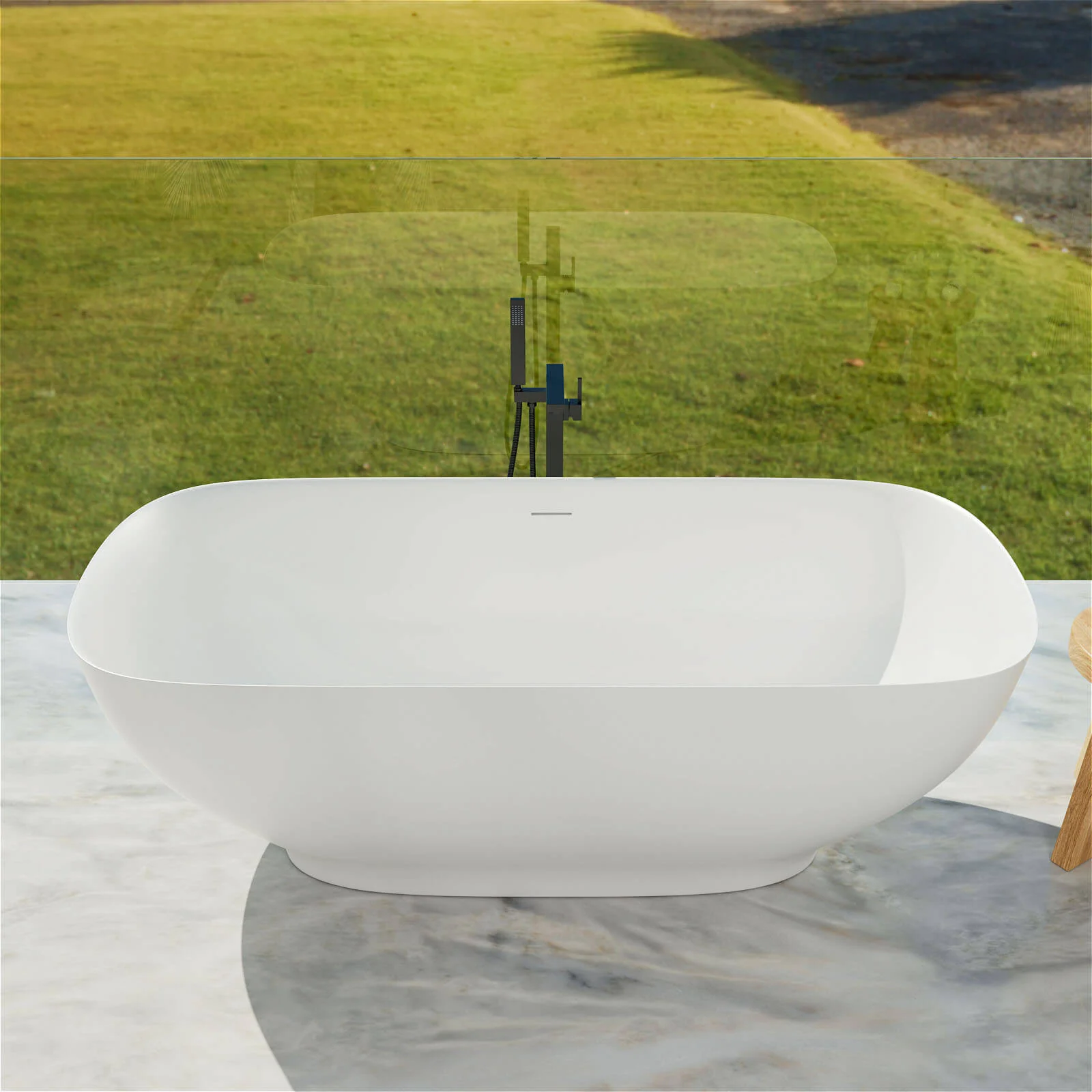 63'' Modern Freestanding Soaking Tub Solid Surface Stone Resin Bathtub Rounded Rectangle - Image 4