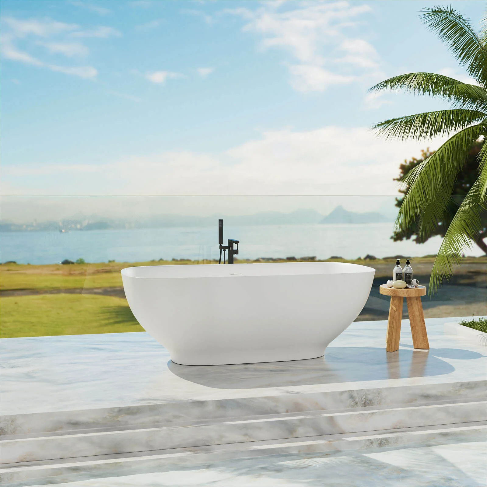 63'' Modern Freestanding Soaking Tub Solid Surface Stone Resin Bathtub Rounded Rectangle - Image 5