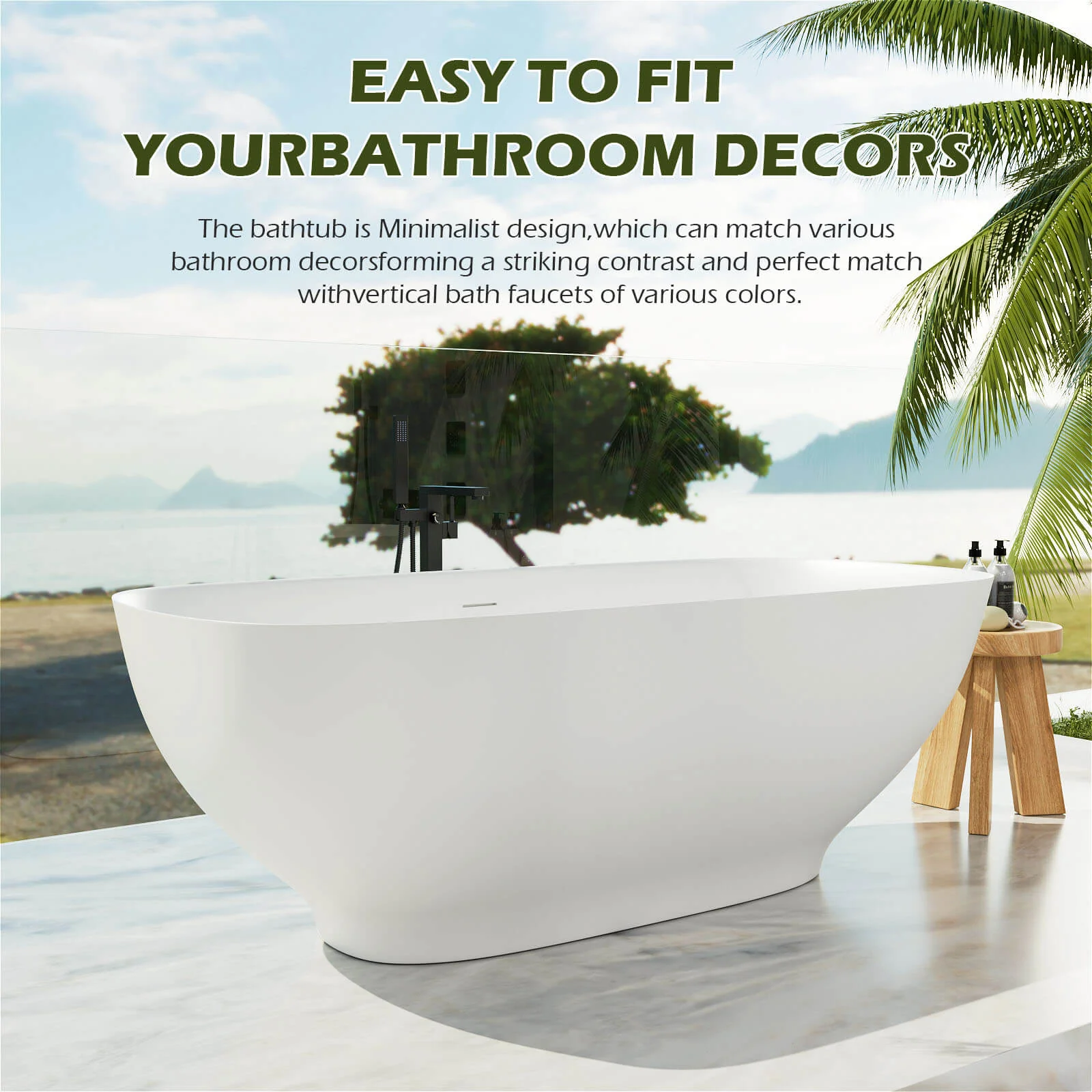 63'' Modern Freestanding Soaking Tub Solid Surface Stone Resin Bathtub Rounded Rectangle - Image 6