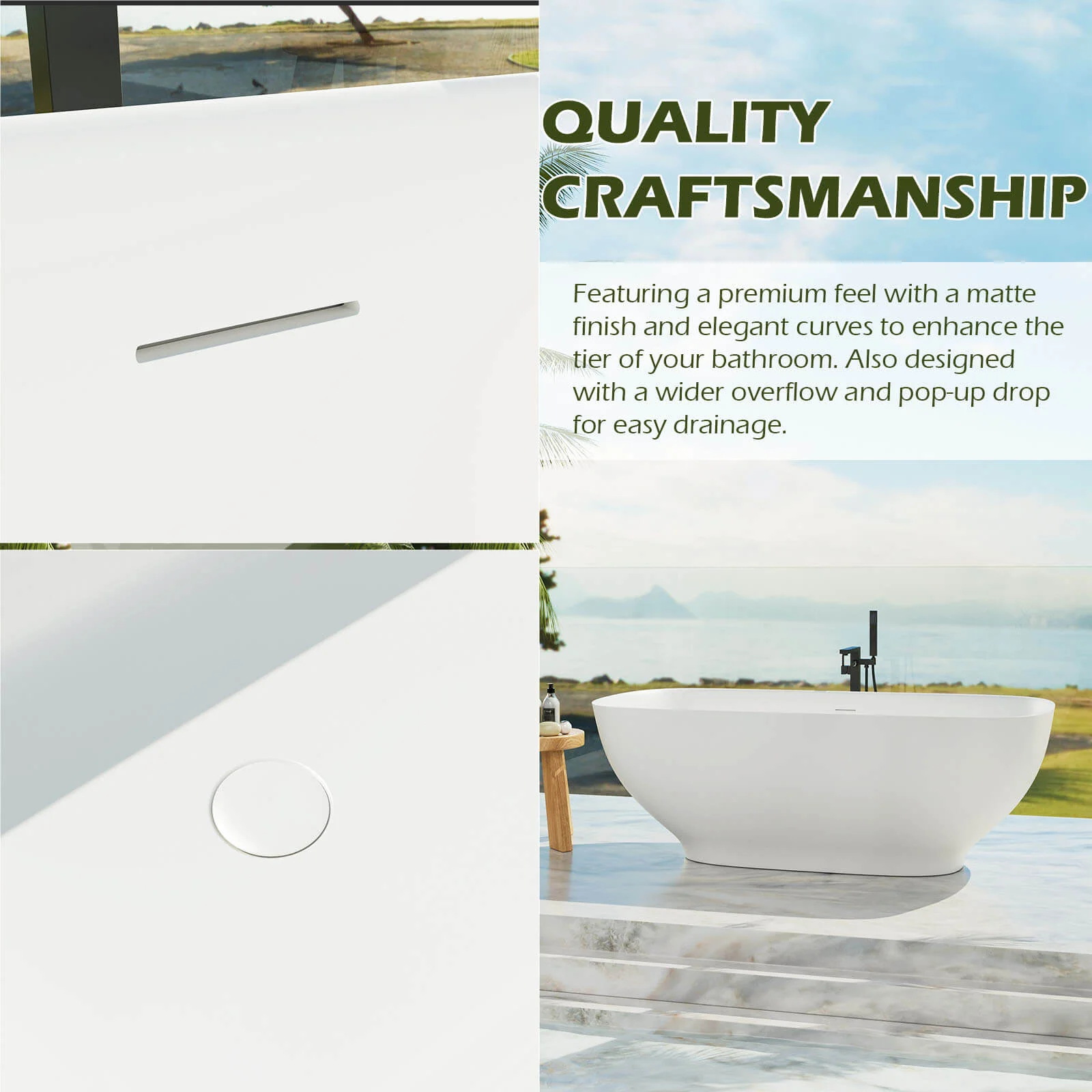 63'' Modern Freestanding Soaking Tub Solid Surface Stone Resin Bathtub Rounded Rectangle - Image 7