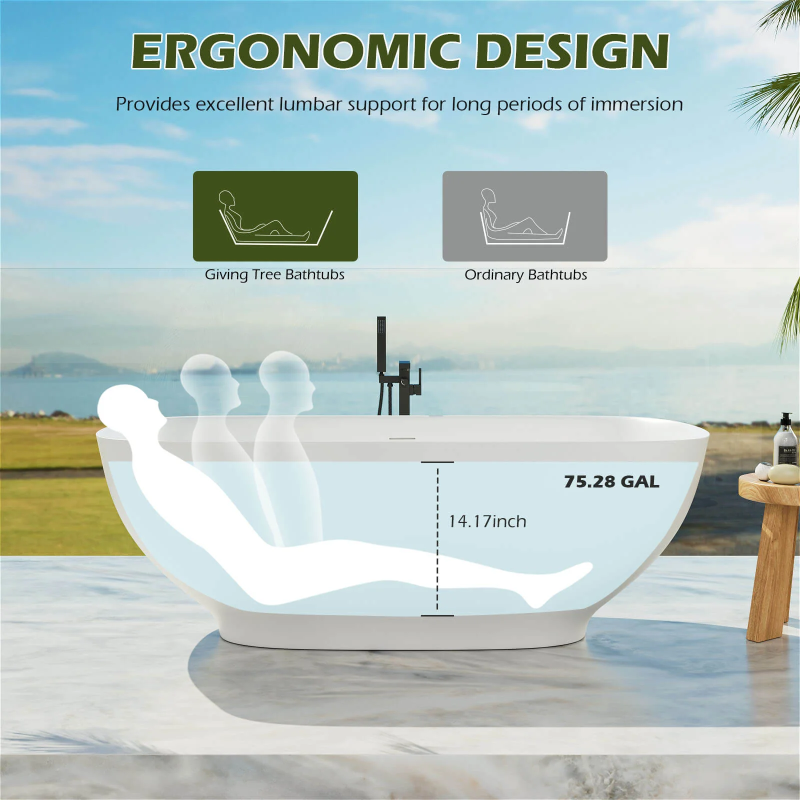 63'' Modern Freestanding Soaking Tub Solid Surface Stone Resin Bathtub Rounded Rectangle - Image 8