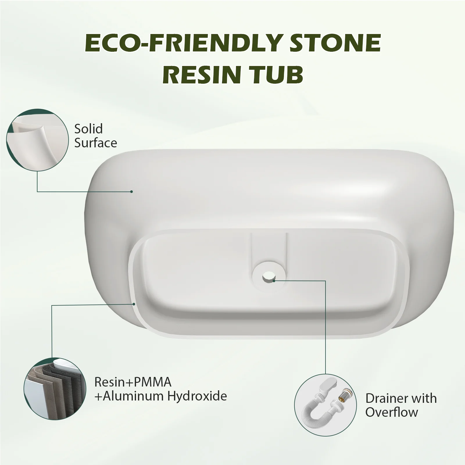 63'' Modern Freestanding Soaking Tub Solid Surface Stone Resin Bathtub Rounded Rectangle - Image 9