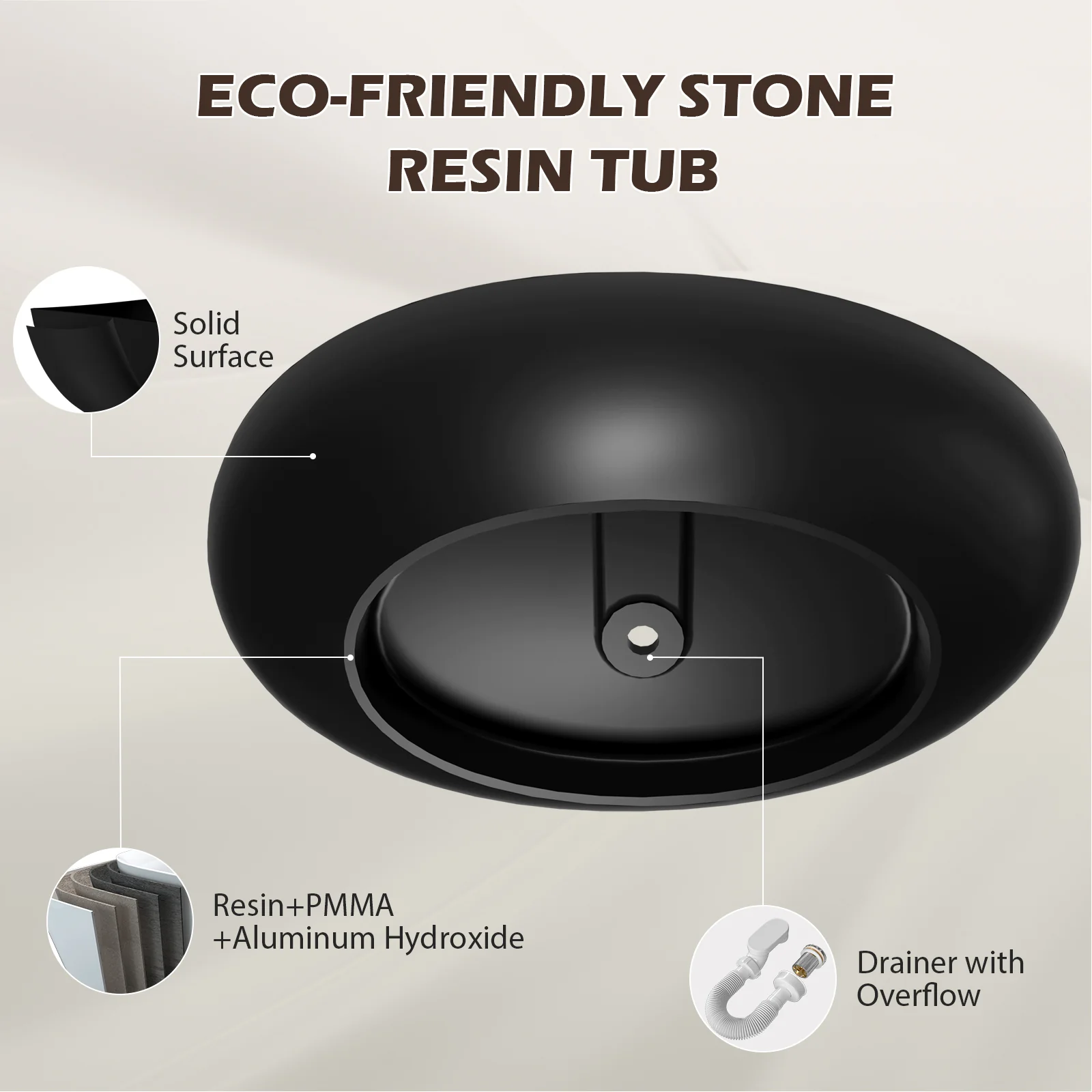 63'' Wave Shaped Freestanding Stone Resin Soaking Bathtub - Image 10