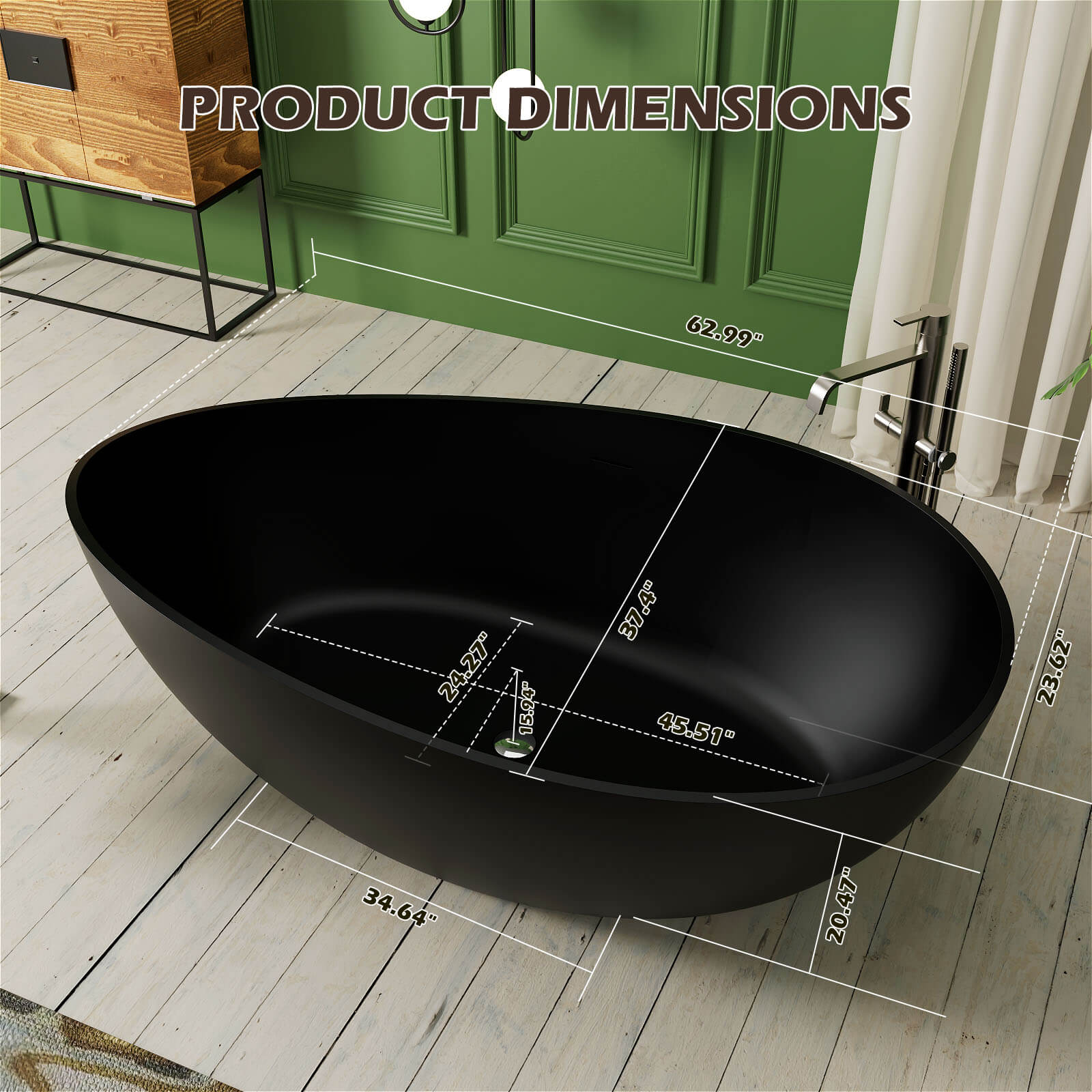 63'' Wave Shaped Freestanding Stone Resin Soaking Bathtub - Image 11
