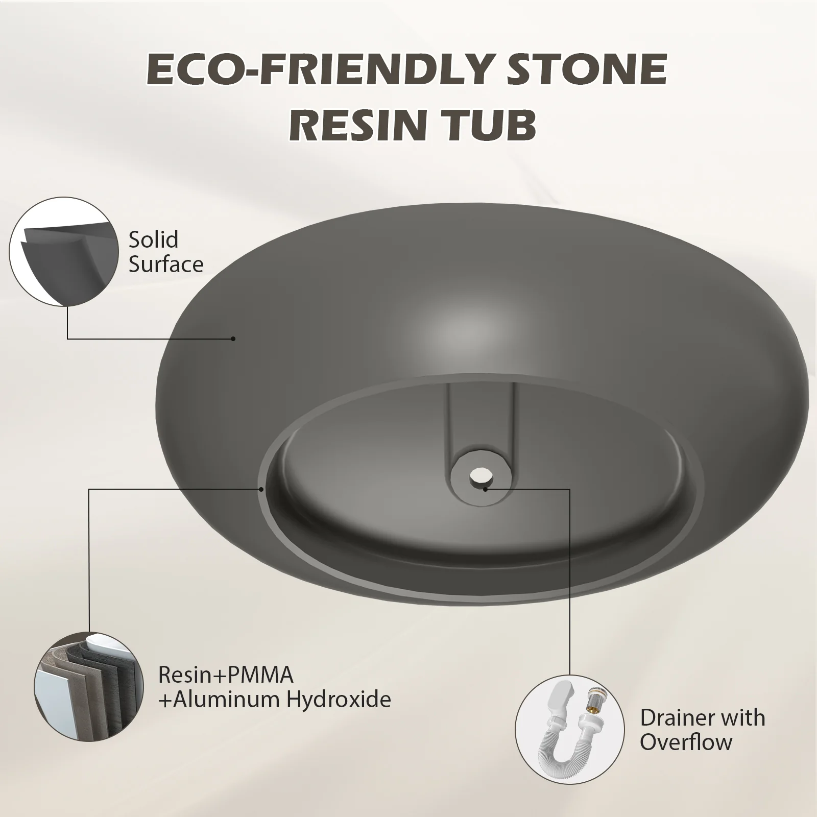 63'' Wave Shaped Freestanding Stone Resin Soaking Bathtub - Image 23