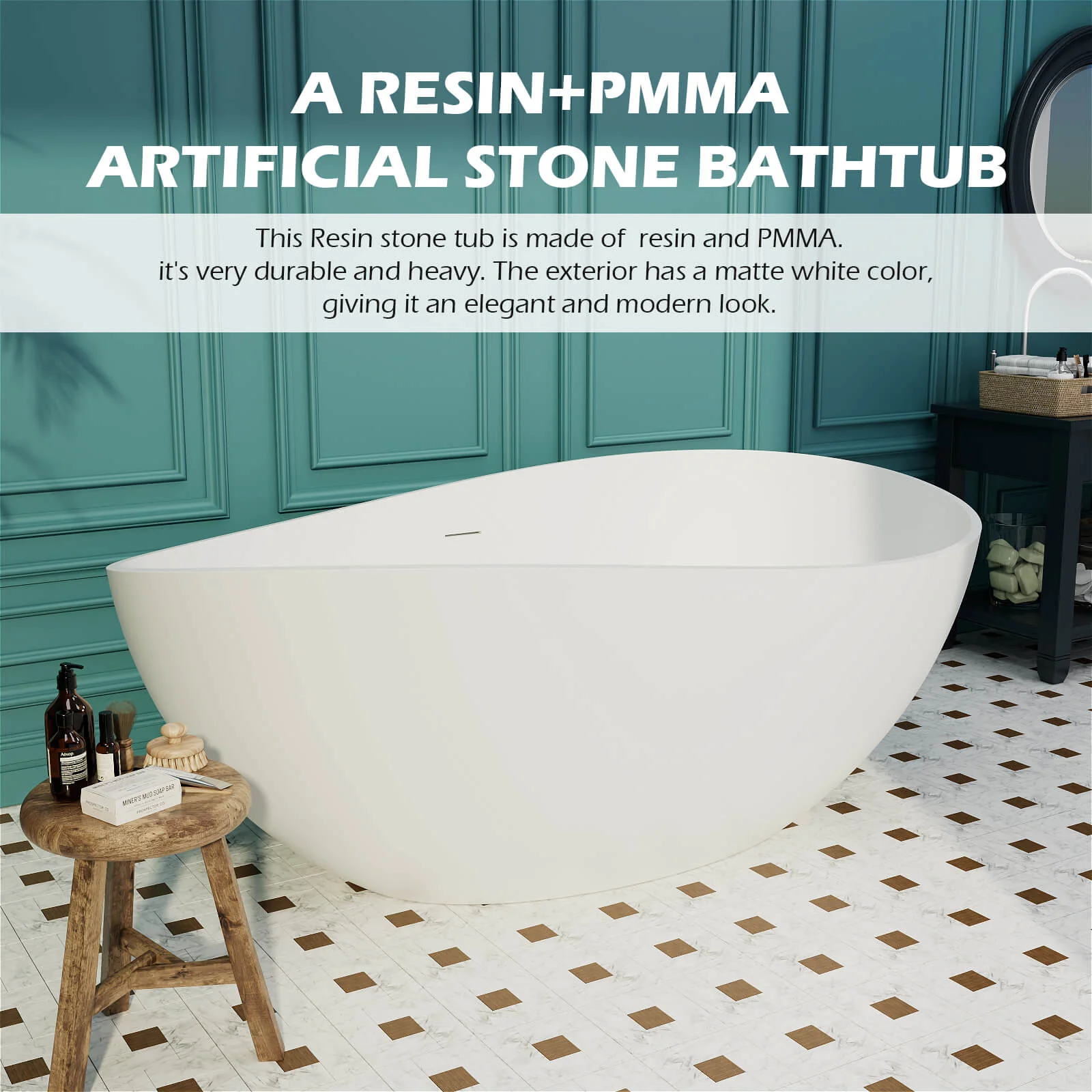 63'' Wave Shaped Freestanding Stone Resin Soaking Bathtub - Image 30