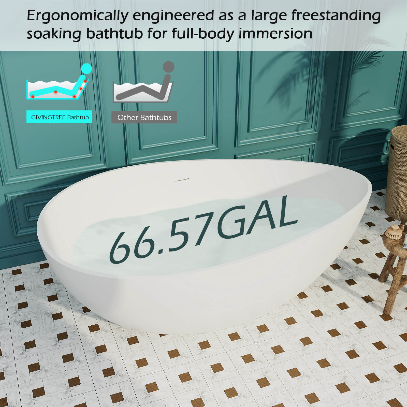 63'' Wave Shaped Freestanding Stone Resin Soaking Bathtub - Image 32