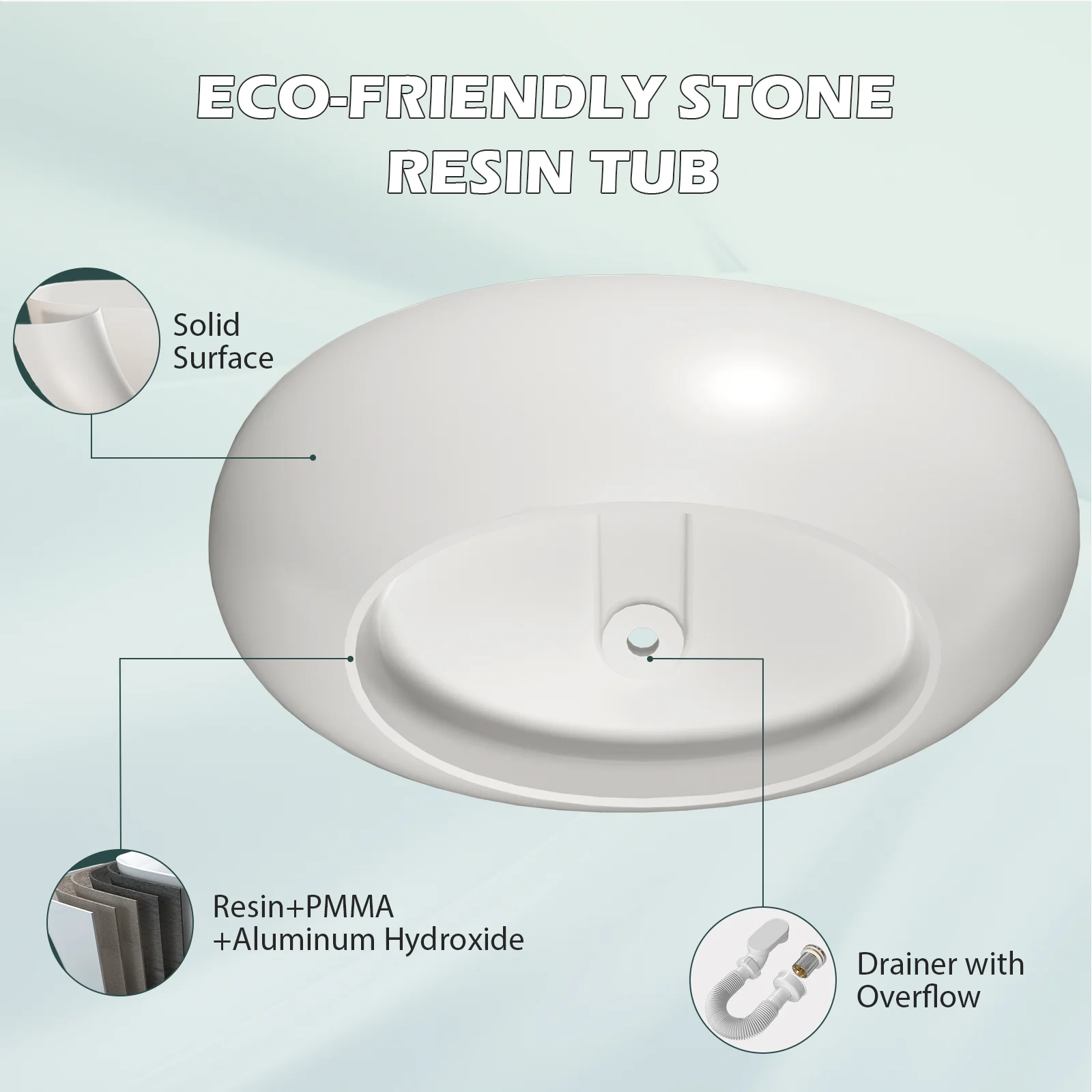 63'' Wave Shaped Freestanding Stone Resin Soaking Bathtub - Image 34