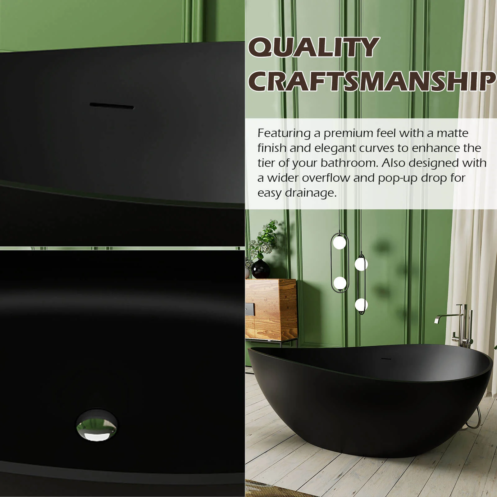 63'' Wave Shaped Freestanding Stone Resin Soaking Bathtub - Image 7