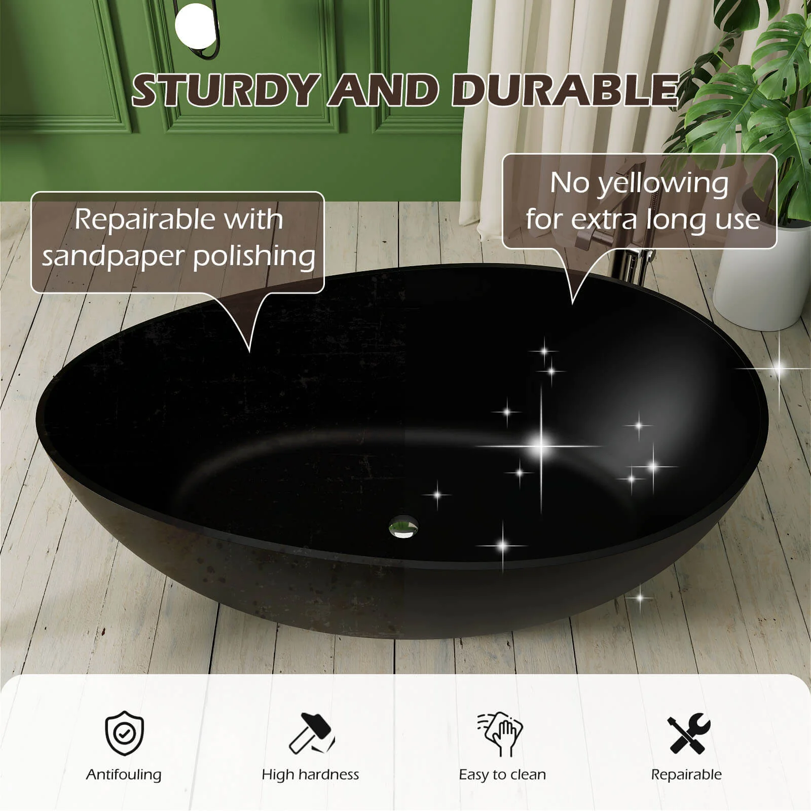 63'' Wave Shaped Freestanding Stone Resin Soaking Bathtub - Image 9