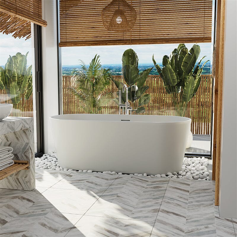 63'' Solid Surface Stone Resin Oval-shaped Matte White Freestanding Soaking Bathtub with Overflow - Image 13