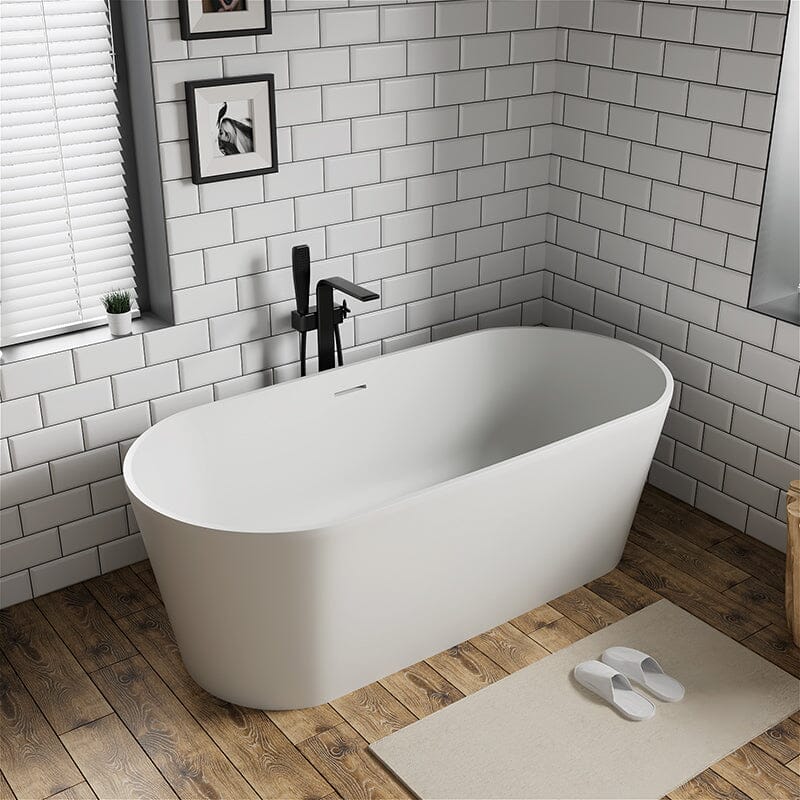 63'' Solid Surface Stone Resin Oval-shaped Matte White Freestanding Soaking Bathtub with Overflow - Image 14