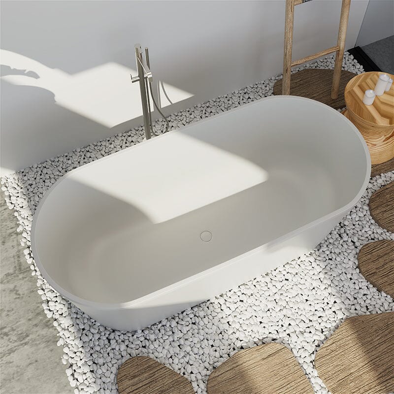 63'' Solid Surface Stone Resin Oval-shaped Matte White Freestanding Soaking Bathtub with Overflow - Image 15
