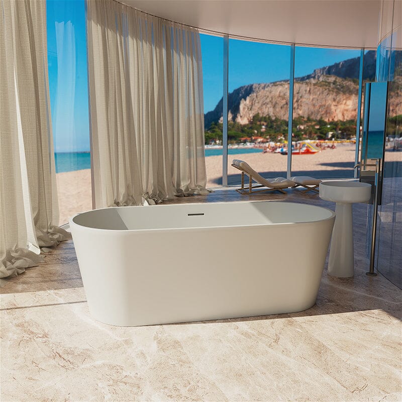 63'' Solid Surface Stone Resin Oval-shaped Matte White Freestanding Soaking Bathtub with Overflow - Image 16