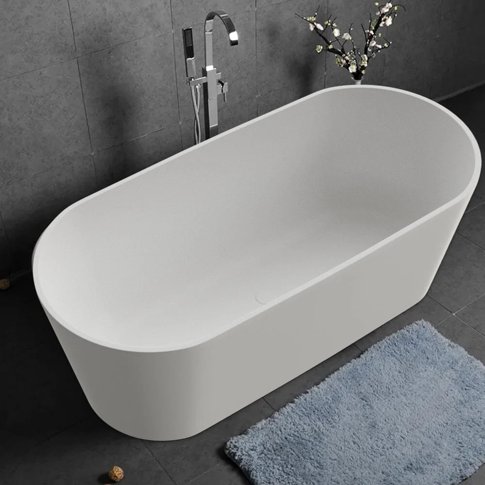 63'' Solid Surface Stone Resin Oval-shaped Matte White Freestanding Soaking Bathtub with Overflow - Image 17