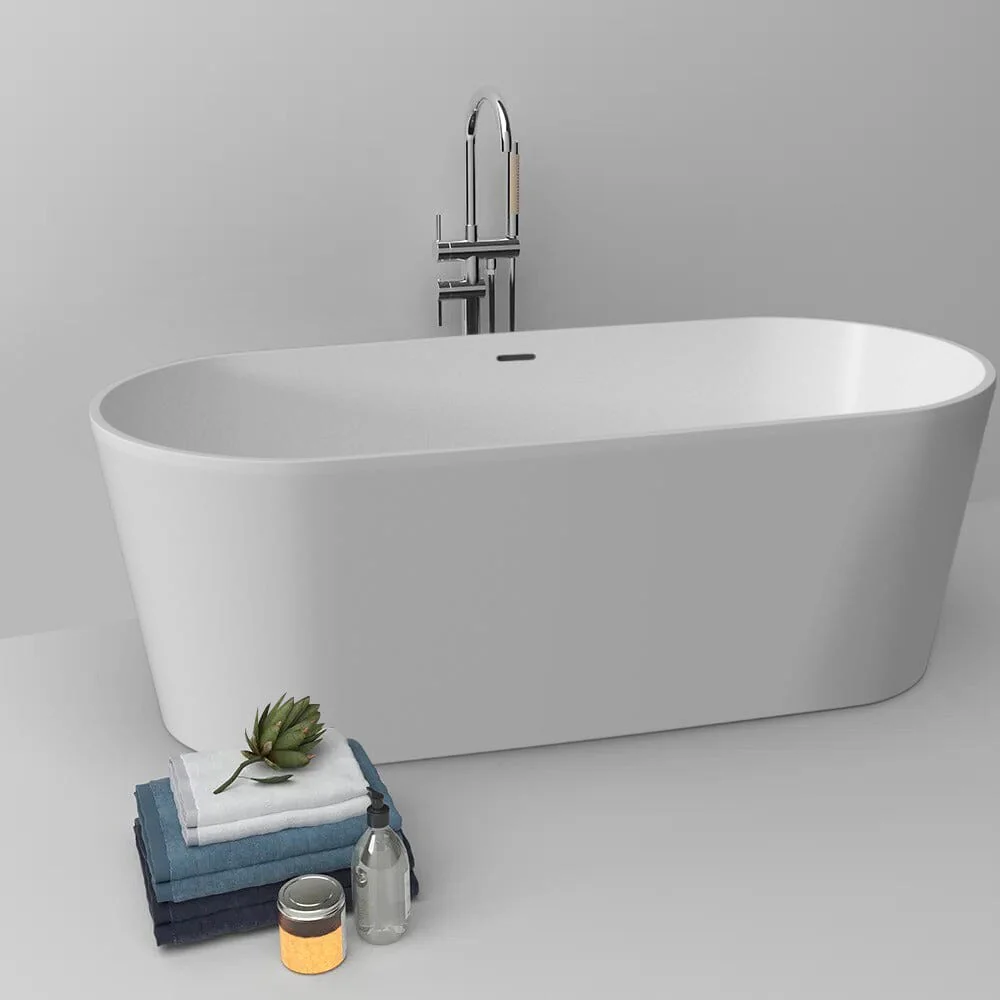 63'' Solid Surface Stone Resin Oval-shaped Matte White Freestanding Soaking Bathtub with Overflow - Image 18