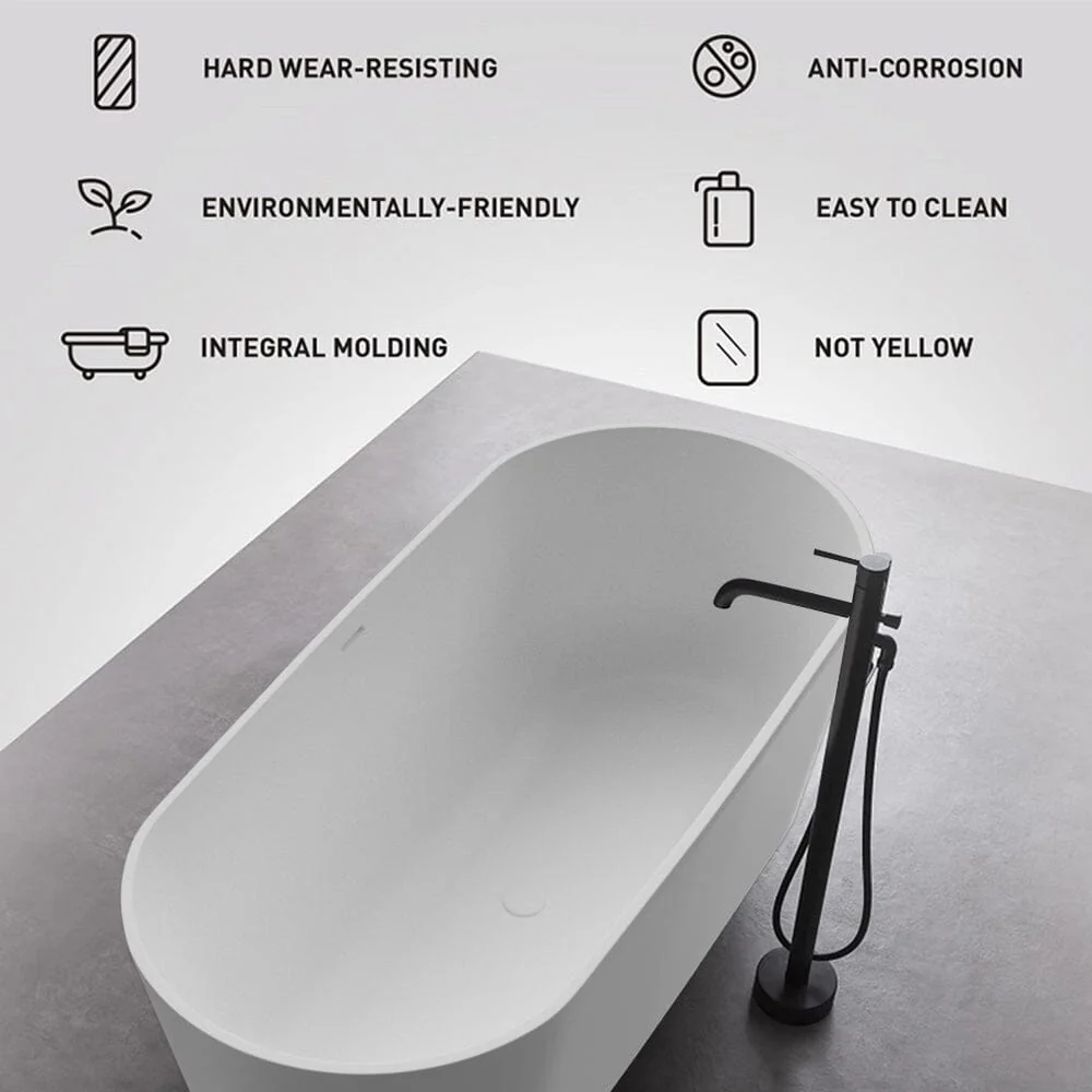 63'' Solid Surface Stone Resin Oval-shaped Matte White Freestanding Soaking Bathtub with Overflow - Image 19