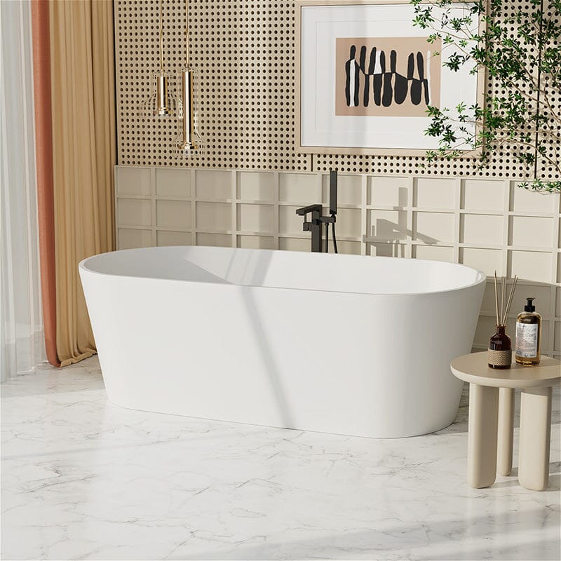 63'' Solid Surface Stone Resin Oval-shaped Matte White Freestanding Soaking Bathtub with Overflow - Image 4