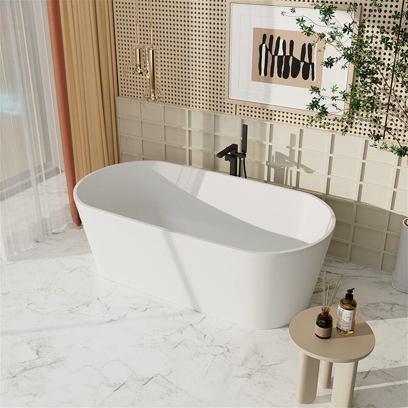 63'' Solid Surface Stone Resin Oval-shaped Matte White Freestanding Soaking Bathtub with Overflow - Image 5