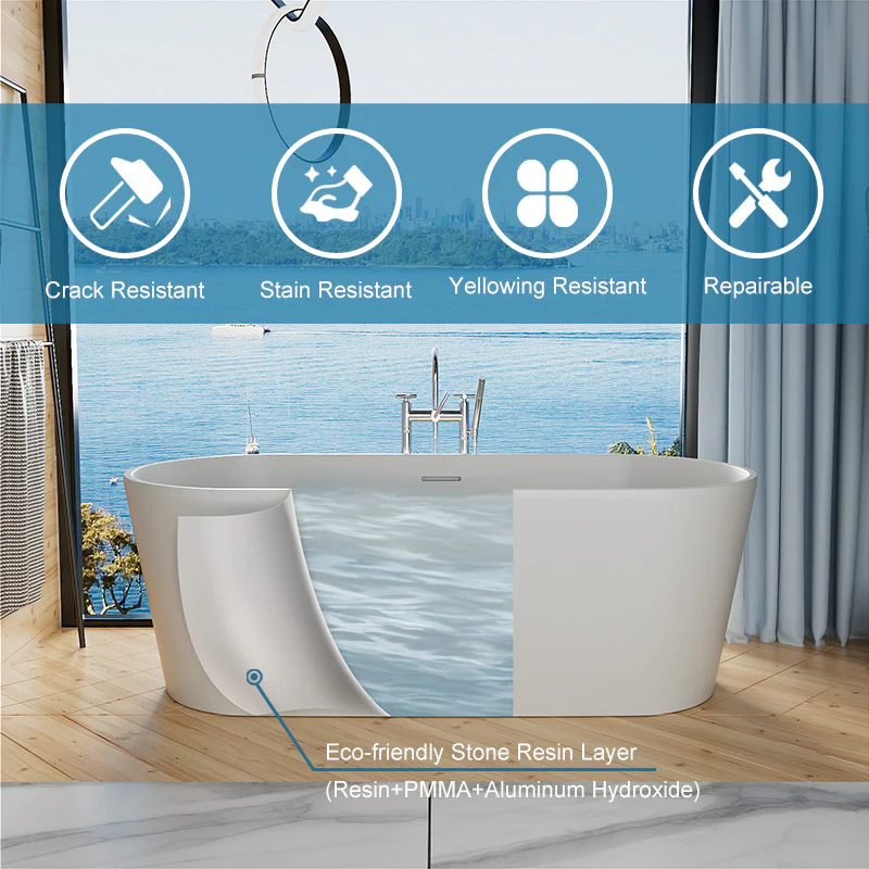 63'' Solid Surface Stone Resin Oval-shaped Matte White Freestanding Soaking Bathtub with Overflow - Image 6