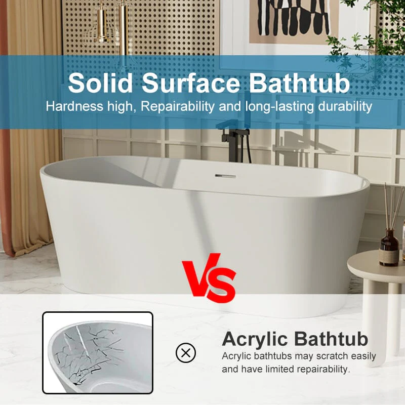 63'' Solid Surface Stone Resin Oval-shaped Matte White Freestanding Soaking Bathtub with Overflow - Image 7