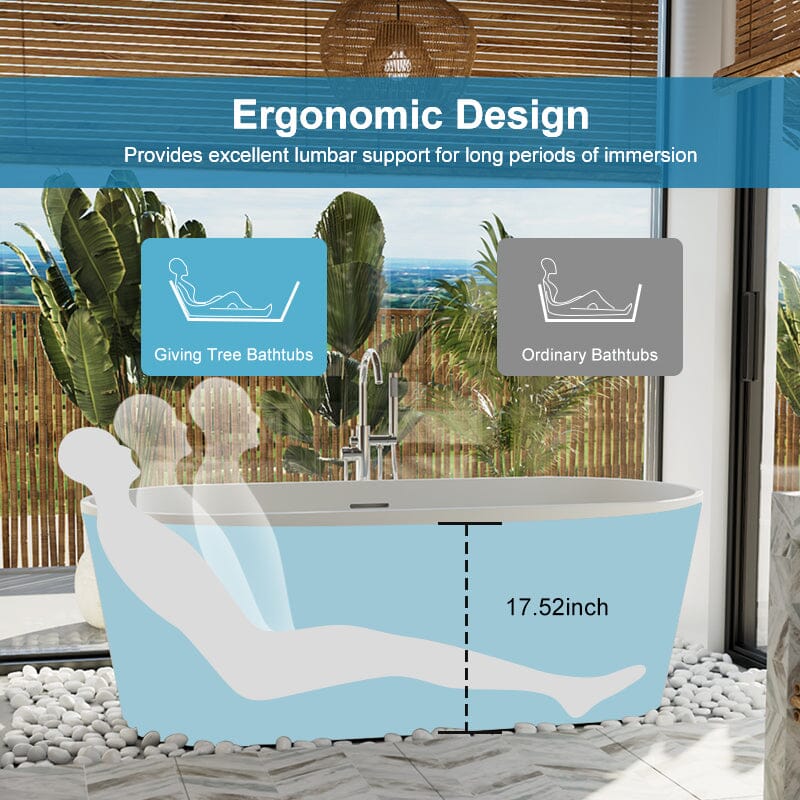 63'' Solid Surface Stone Resin Oval-shaped Matte White Freestanding Soaking Bathtub with Overflow - Image 8