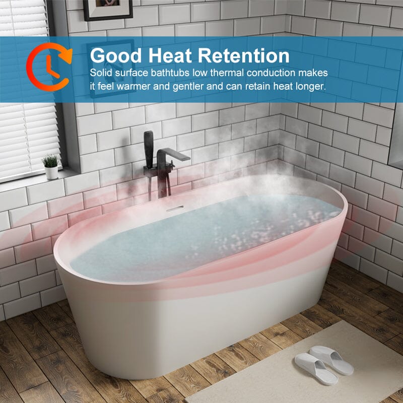 63'' Solid Surface Stone Resin Oval-shaped Matte White Freestanding Soaking Bathtub with Overflow - Image 9