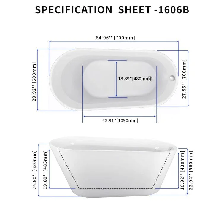 Mokleba 65" Acrylic Slipper Flatbottom Freestanding Soaking Bathtub in Glossy White - Image 10
