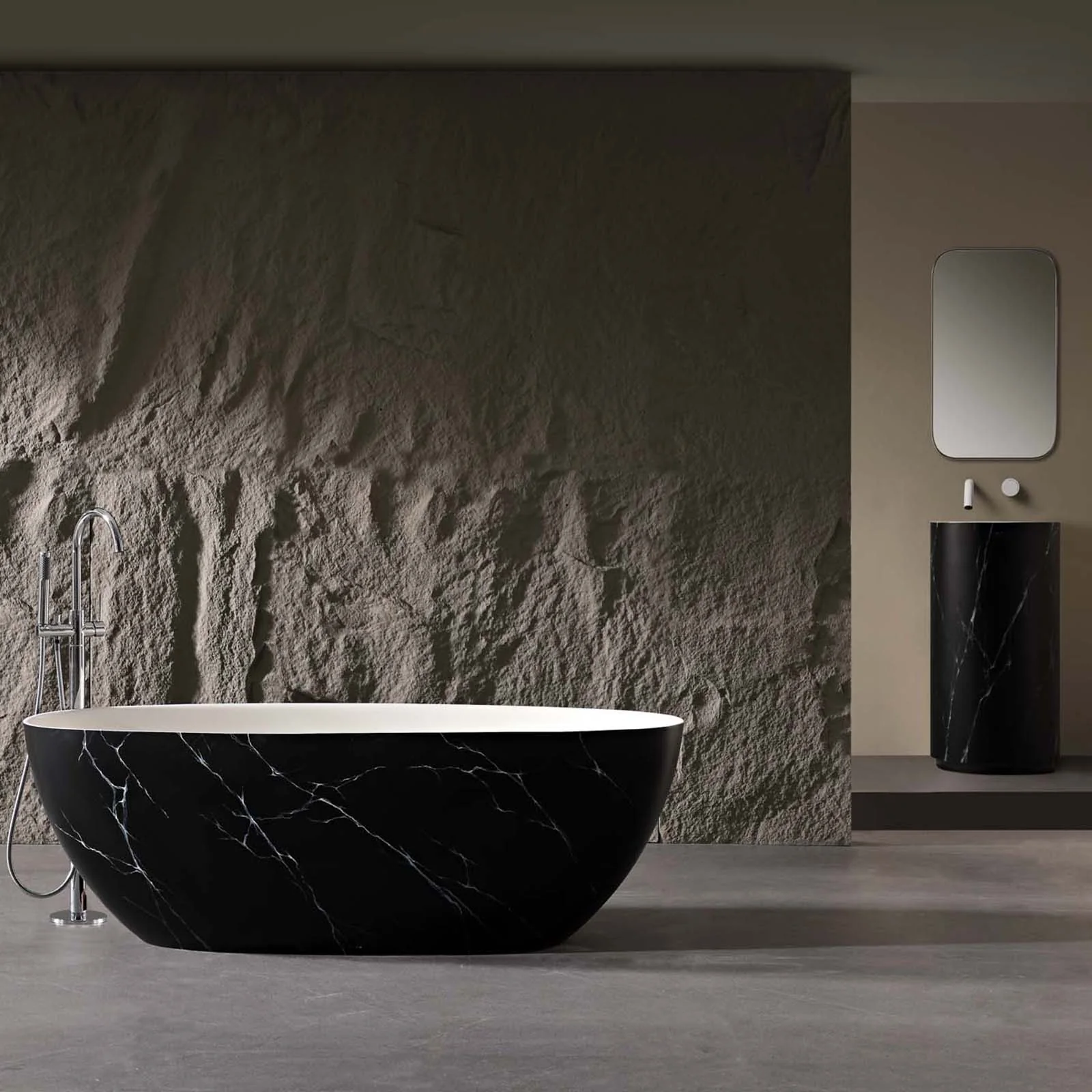 65" Black Solid Surface Freestanding Bathtub with Marble Vein Design - Image 3