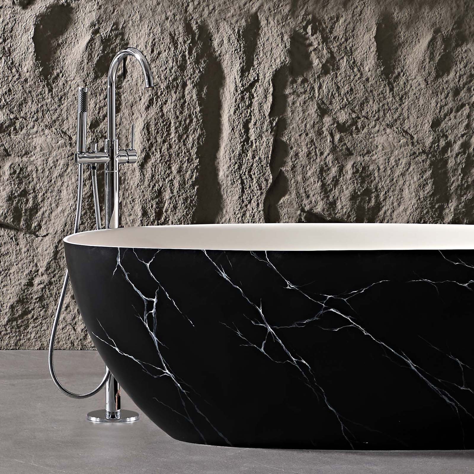 65" Black Solid Surface Freestanding Bathtub with Marble Vein Design - Image 4