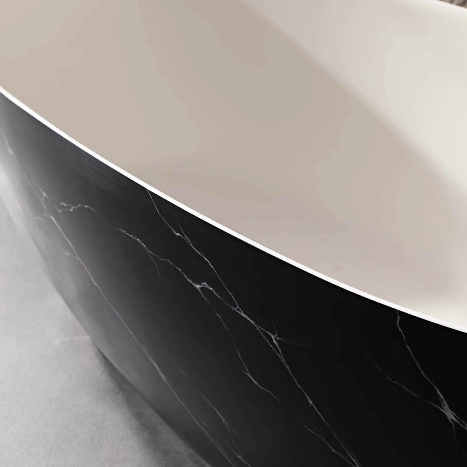 65" Black Solid Surface Freestanding Bathtub with Marble Vein Design - Image 5